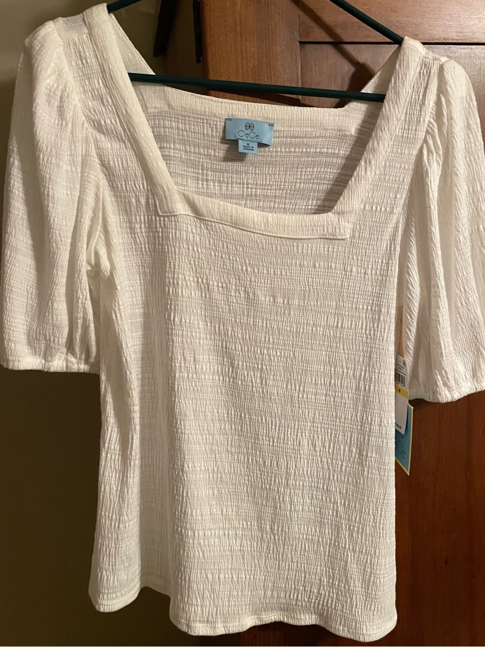 CeCe Ivory Square-Neck Textured Puff-Sleeve Top